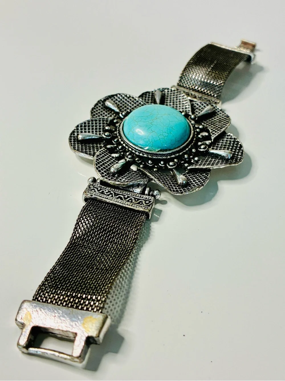 Faux Turquoise Center Floral Silver Bracelet - Women Jewelry Oversized Casual
